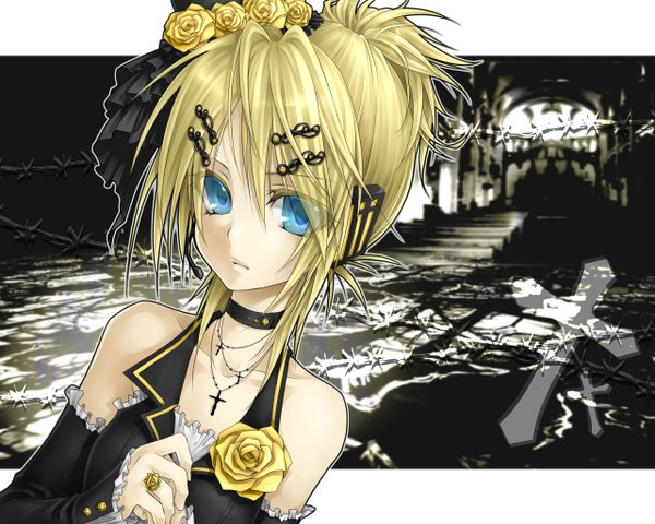 Anime picture 1280x1024 with vocaloid story of evil (vocaloid) kagamine rin ueno tsuki single short hair blue eyes blonde hair twintails bare shoulders hair flower hands clasped girl hair ornament flower (flowers) detached sleeves choker headphones rose (roses) bobby pin