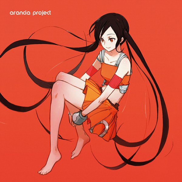 Anime picture 1046x1046 with arancia project original arancia francisco valle single black hair simple background smile twintails bare shoulders very long hair barefoot orange eyes red background girl
