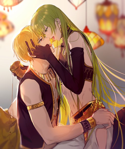 Anime picture 2748x3264 with fate (series) fate/strange fake gilgamesh (fate) enkidu (fate) rrr (reason) long hair tall image highres short hair light erotic blonde hair red eyes sitting bare shoulders green eyes profile green hair multiple boys bare belly depth of field