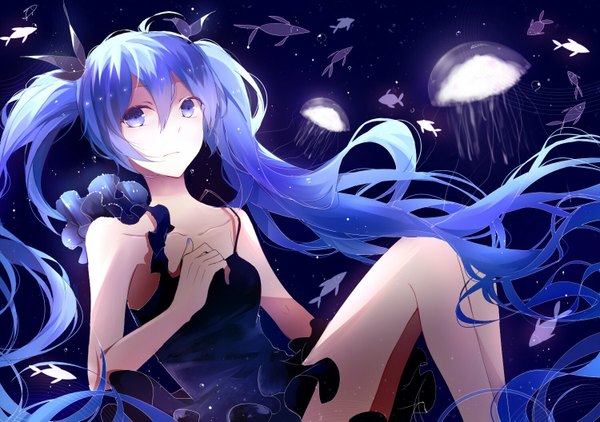 Anime picture 1500x1055 with vocaloid shinkai shoujo (vocaloid) hatsune miku lococo:p looking at viewer fringe purple eyes twintails bare shoulders purple hair bent knee (knees) very long hair nail polish bare legs hand on chest girl dress animal short dress fish (fishes)
