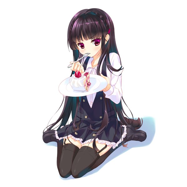 Anime picture 1000x1000 with inu x boku ss david production shirakiin ririchiyo arikawa satoru single long hair black hair simple background red eyes white background girl thighhighs uniform black thighhighs school uniform sweets cake