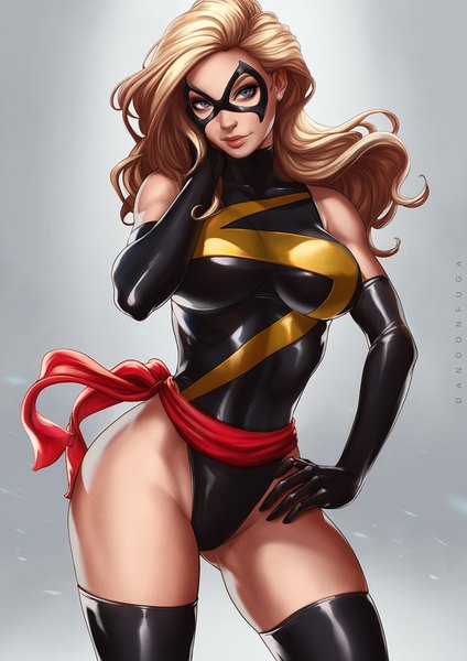 Anime picture 630x891 with marvel comics ms. marvel dandon fuga single long hair tall image looking at viewer breasts blue eyes light erotic simple background blonde hair large breasts standing light smile lips realistic grey background hand on hip ass visible through thighs