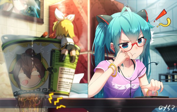 Anime picture 1440x916 with vocaloid hatsune miku kagamine rin qys3 blush fringe short hair blonde hair hair between eyes twintails multiple girls signed payot full body ahoge upper body indoors nail polish aqua eyes aqua hair