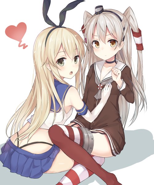 Anime picture 2000x2400 with kantai collection shimakaze destroyer amatsukaze destroyer huwari (dnwls3010) long hair tall image looking at viewer blush fringe highres breasts open mouth light erotic hair between eyes brown hair white background sitting multiple girls brown eyes animal ears