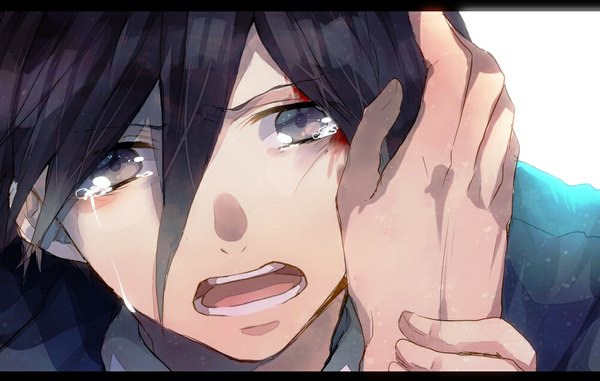 Anime picture 1000x636 with psycho-pass production i.g nobuchika ginoza burabureride looking at viewer short hair open mouth black hair white background black eyes tears solo focus crying hand on face pov boy blood hand