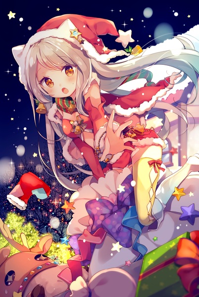 Anime picture 1507x2250 with idolmaster idolmaster cinderella girls eve santaclaus ana (rznuscrf) single long hair tall image looking at viewer blush fringe open mouth yellow eyes silver hair sparkle fur trim christmas outstretched hand girl thighhighs hat