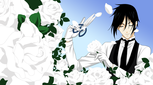 Anime picture 6017x3375 with kuroshitsuji a-1 pictures sebastian michaelis highres wide image boy flower (flowers) petals rose (roses) white rose