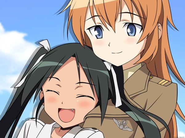 Anime picture 1600x1200 with strike witches francesca lucchini charlotte e yeager negativezero long hair fringe blue eyes black hair smile hair between eyes brown hair twintails multiple girls payot sky cloud (clouds) upper body eyes closed happy face