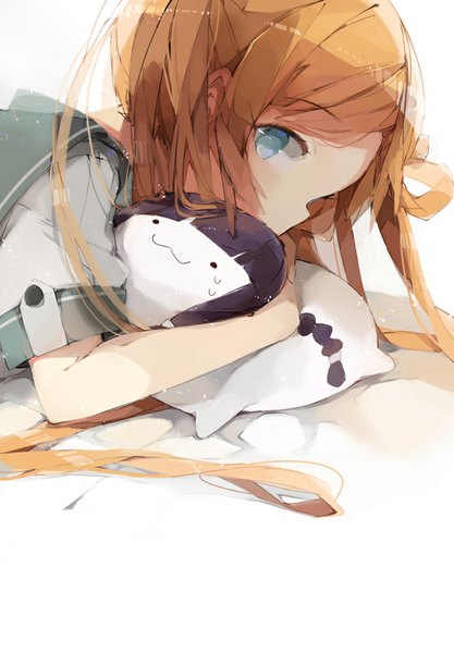 Anime picture 696x1000 with kantai collection kitakami light cruiser abukuma light cruiser malachite (artist) long hair tall image looking at viewer short hair blue eyes black hair blonde hair lying hug close-up girl uniform serafuku pillow doll (dolls) character doll