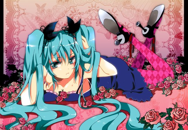 Anime picture 2000x1380 with vocaloid hatsune miku marirero a single long hair highres breasts light erotic twintails bare shoulders green eyes lying green hair crossed legs girl hair ornament flower (flowers) bow hair bow pantyhose