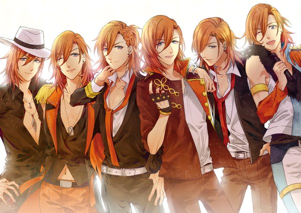 Anime picture 1275x906 with uta no prince-sama a-1 pictures jinguji ren yzsr looking at viewer fringe short hair blue eyes simple background one eye closed wink orange hair multiple boys partially open clothes multiple persona 6+ boys boy navel hat fingerless gloves