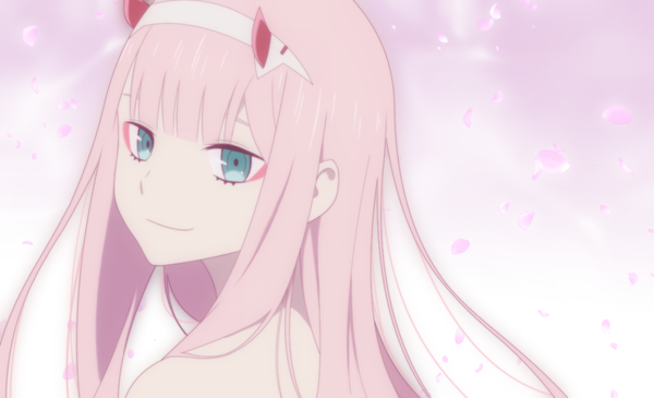 Anime picture 1200x730 with darling in the franxx studio trigger zero two (darling in the franxx) maiko (mimi) single long hair fringe smile wide image bare shoulders looking away pink hair horn (horns) aqua eyes from behind girl petals hairband