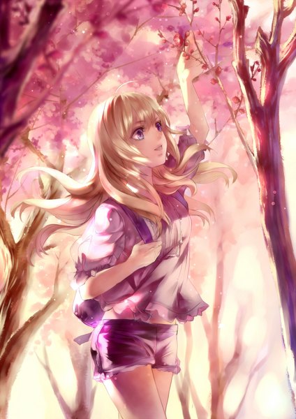 Anime picture 1200x1696 with original liiko single long hair tall image open mouth blonde hair purple eyes girl plant (plants) tree (trees) shorts