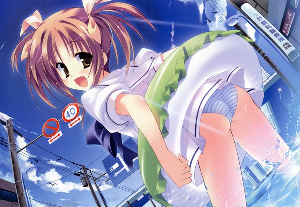 Anime picture 2000x1383 with highres open mouth light erotic brown hair ass looking back city girl underwear panties bow hair bow animal water bird (birds) striped panties traffic sign
