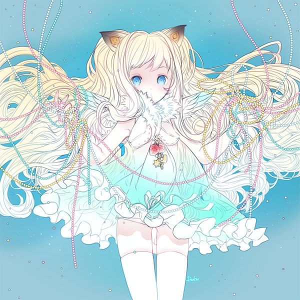 Anime picture 1000x1000 with vocaloid seeu danhu single long hair looking at viewer light erotic simple background blonde hair aqua eyes alternate costume wavy hair blue background girl thighhighs dress white thighhighs beads