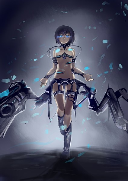 Anime picture 636x900 with original raijuu (bakanara) single tall image looking at viewer fringe short hair breasts blue eyes light erotic black hair standing bare shoulders mechanical girl navel