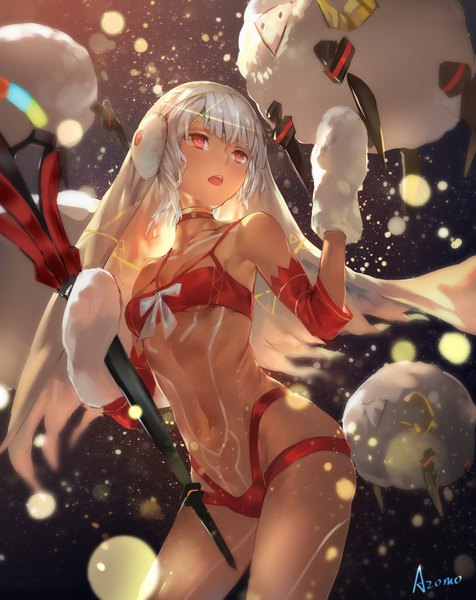 Anime picture 1600x2018 with fate (series) fate/grand order altera (fate) altera the santa (fate) azomo single tall image fringe short hair breasts open mouth light erotic red eyes standing bare shoulders holding signed looking away white hair from below