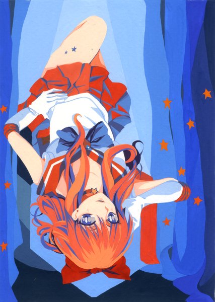 Anime picture 950x1335 with bishoujo senshi sailor moon toei animation aino minako sailor venus nusine single long hair tall image blush blue eyes simple background orange hair hand on hip blue background upside down girl gloves bow hair bow earrings