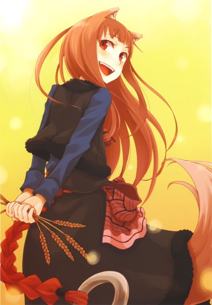 Anime picture 3563x5110 with spice and wolf horo ayakura juu single long hair tall image looking at viewer blush highres open mouth smile red eyes brown hair animal ears absurdres red hair tail braid (braids) looking back official art