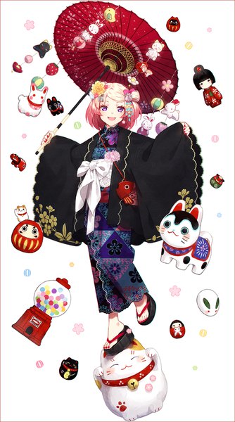 Anime picture 1100x1976 with original hakusai (tiahszld) single tall image short hair open mouth white background purple eyes looking away pink hair full body nail polish traditional clothes :d hair flower mole wide sleeves spread arms mole under mouth girl