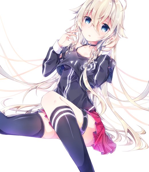 Anime picture 1300x1500 with vocaloid ia (vocaloid) shinkage kuroe single long hair tall image blush open mouth blue eyes simple background white background sitting bare shoulders bent knee (knees) white hair braid (braids) pleated skirt twin braids girl thighhighs