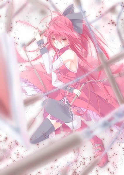 Anime picture 1158x1637 with mahou shoujo madoka magica shaft (studio) sakura kyouko nagishiro mito single long hair tall image looking at viewer red eyes pink hair ponytail girl thighhighs dress bow black thighhighs hair bow detached sleeves boots chain