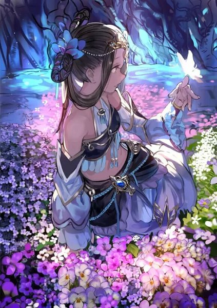 Anime picture 579x820 with original ran (pixiv2957827) single long hair tall image brown hair bare shoulders brown eyes looking away profile hair flower fingernails wide sleeves arm support bare belly girl hair ornament flower (flowers) detached sleeves insect