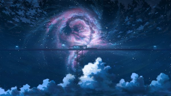 Anime picture 1920x1080 with original hatti 98 highres wide image cloud (clouds) night night sky no people milky way building (buildings) star (stars) stairs bridge