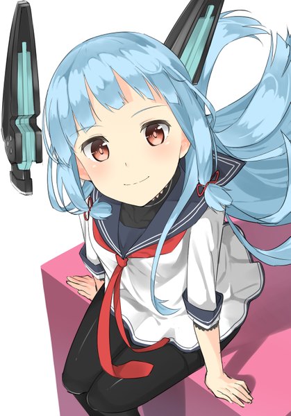 Anime picture 1049x1502 with kantai collection murakumo destroyer musk tiger single long hair tall image looking at viewer blush simple background smile white background sitting brown eyes aqua hair shadow tress ribbon girl uniform hair ornament ribbon (ribbons)