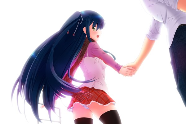 Anime picture 1300x867 with touhikou game houjou akito tamanaha renna yasuyuki long hair looking at viewer blush open mouth light erotic smile yellow eyes blue hair game cg looking back holding hands cameltoe girl thighhighs boy skirt