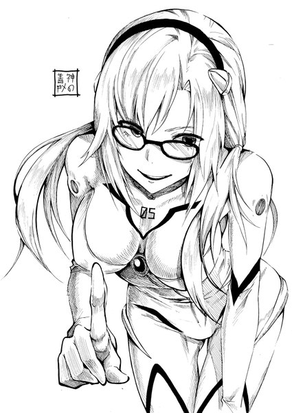 Anime picture 1280x1805 with neon genesis evangelion gainax makinami mari illustrious eudetenis single long hair tall image breasts light erotic large breasts white background signed looking away leaning leaning forward covered navel monochrome hand on knee girl glasses