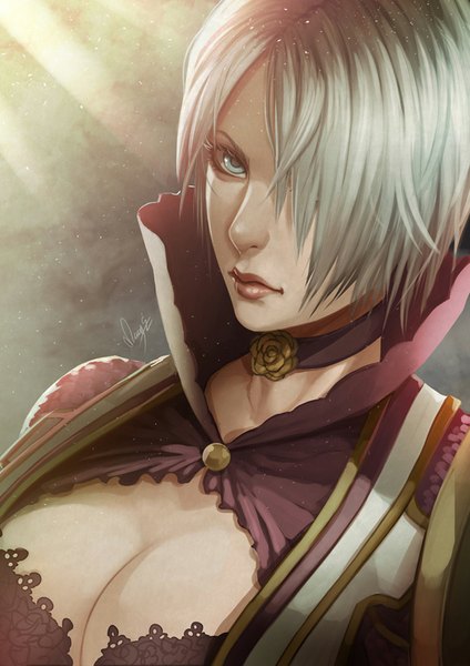 Anime picture 700x991 with soulcalibur isabella valentine magion02 single tall image fringe short hair breasts blue eyes light erotic signed cleavage grey hair sunlight hair over one eye realistic lipstick portrait sunbeam makeup