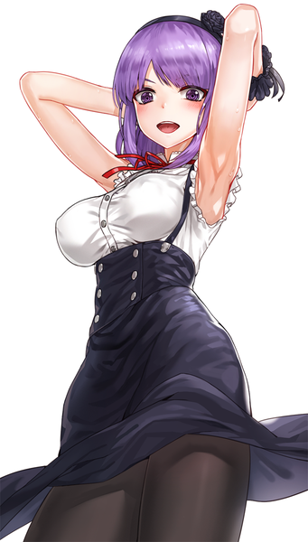 Anime picture 609x1070 with dagashi kashi feel (studio) shidare hotaru kfr single tall image looking at viewer blush short hair breasts open mouth light erotic simple background large breasts white background purple eyes purple hair no bra arms up armpit (armpits)