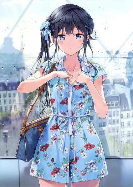 Anime picture 2405x3394 with masamune-kun no revenge silver link adagaki aki tiv single long hair tall image looking at viewer blush fringe highres blue eyes black hair standing payot scan short sleeves city floral print side ponytail