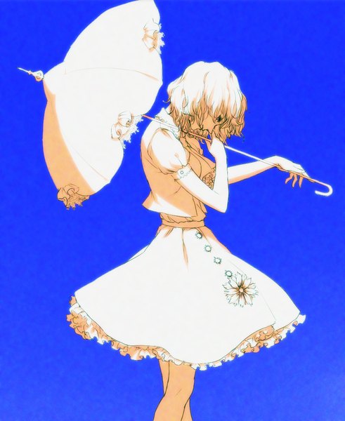 Anime picture 900x1100 with original egawa satsuki single tall image looking at viewer short hair blue eyes simple background holding white hair long sleeves puffy sleeves blue background girl dress flower (flowers) white dress umbrella