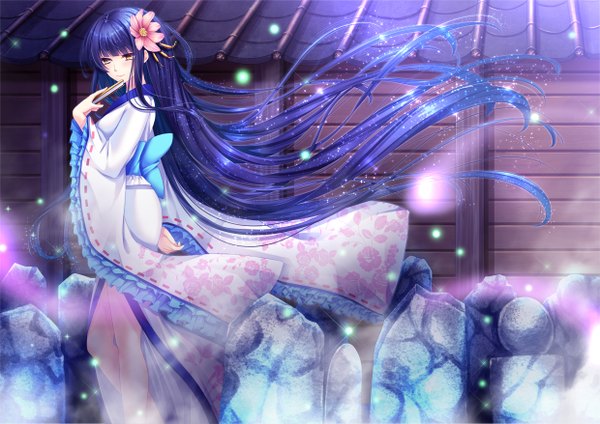 Anime picture 2480x1753 with original toshi (1-147) single looking at viewer blush highres brown eyes blue hair long sleeves very long hair traditional clothes japanese clothes hair flower girl hair ornament flower (flowers) kimono insect obi fireflies