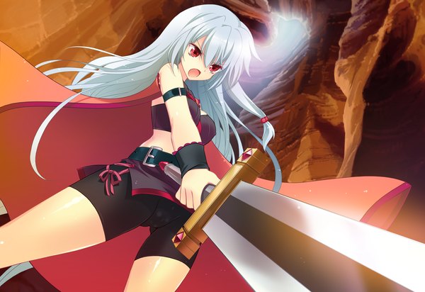 Anime picture 1370x942 with futsuno fantasy long hair open mouth red eyes game cg white hair girl weapon sword