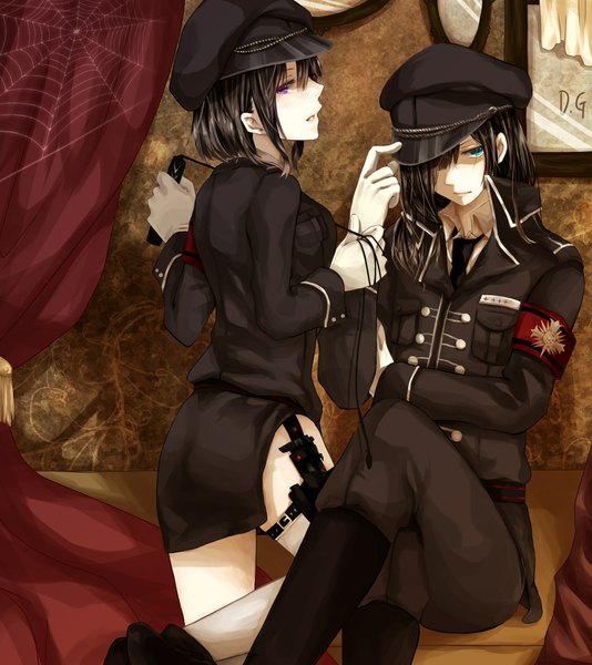 Anime picture 1996x2244 with d.gray-man kanda yuu lenalee lee maki (lovyu) long hair tall image highres short hair blue eyes black hair purple eyes crossed legs girl boy uniform military uniform