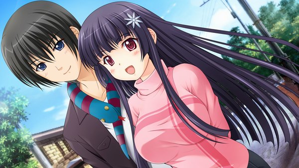 Anime picture 1024x576 with yukiiro long hair short hair open mouth blue eyes black hair red eyes wide image game cg couple girl boy