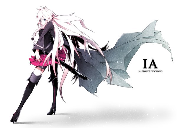 Anime picture 1968x1417 with vocaloid ia (vocaloid) long hair highres blue eyes white background pink hair braid (braids) inscription twin braids girl skirt weapon sword thigh boots pink skirt