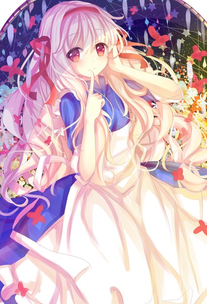 Anime picture 1500x2200 with kagerou project shaft (studio) mary (kagerou project) venn (vebonbon) single long hair tall image blush smile red eyes white hair sunlight finger to mouth girl dress ribbon (ribbons) hair ribbon star (stars)