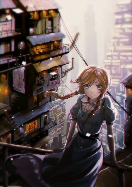 Anime picture 2894x4093 with original tsukun112 single long hair tall image looking at viewer highres blue eyes blonde hair braid (braids) twin braids city scenic girl dress building (buildings) fence