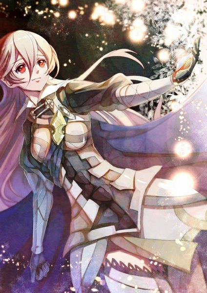 Anime picture 566x800 with fire emblem corrin (fire emblem) corrin (female) (fire emblem) maruo (mokurentenpu) single long hair tall image fringe breasts blonde hair smile red eyes standing looking away pink hair multicolored hair arm up sparkle outstretched arm floral print