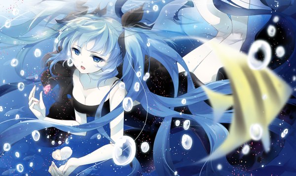 Anime picture 1500x897 with vocaloid shinkai shoujo (vocaloid) hatsune miku ceru single breasts open mouth blue eyes wide image twintails blue hair cleavage very long hair aqua hair underwater girl dress hair ornament ribbon (ribbons) hair ribbon