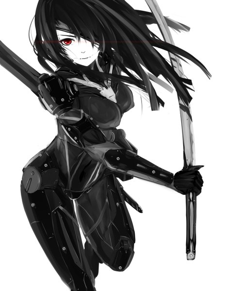 Anime picture 1158x1416 with metal gear konami raiden lucifer301 single long hair tall image looking at viewer fringe breasts black hair smile red eyes standing holding bent knee (knees) hair over one eye monochrome standing on one leg leg lift (legs lift)