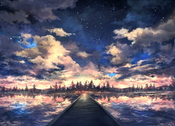 Anime picture 1383x1000 with original pippi (pixiv 1922055) sky cloud (clouds) reflection horizon mountain no people landscape scenic lake plant (plants) tree (trees) star (stars) bridge