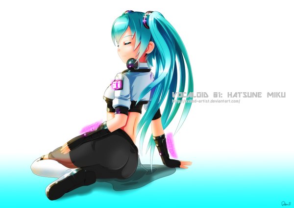 Anime picture 4092x2893 with vocaloid hatsune miku exiled (artist) single long hair highres simple background white background twintails absurdres eyes closed aqua hair inscription copyright name character names girl gloves shorts headphones fingerless gloves