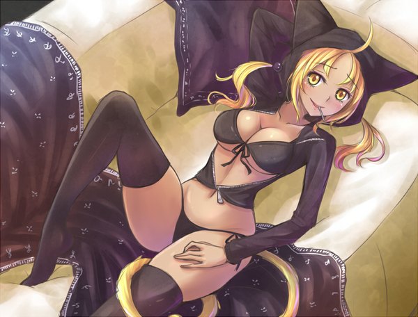 Anime picture 1000x761 with original suikakitsu shiro single long hair looking at viewer breasts light erotic blonde hair smile yellow eyes tail animal tail cat tail girl thighhighs navel underwear panties black thighhighs couch