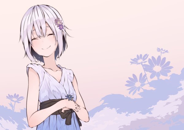 Anime picture 1414x1000 with original mido002 single fringe short hair smile holding purple hair eyes closed hair flower tears girl hair ornament flower (flowers) teardrop
