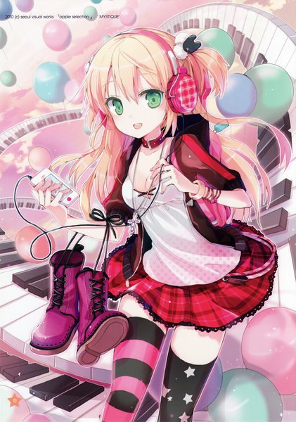 Anime picture 2151x3065 with original jin young-in single long hair tall image looking at viewer highres open mouth blonde hair smile twintails green eyes sky cloud (clouds) :d open clothes open jacket plaid skirt short twintails polka dot
